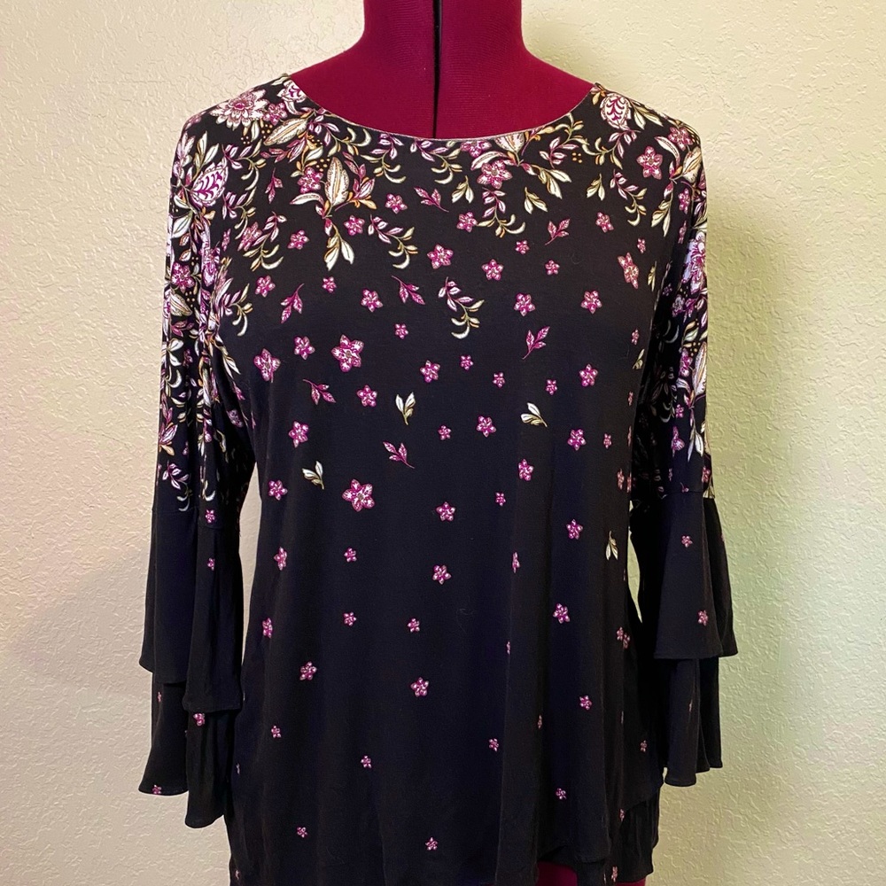 Style & Co | Black Long Sleeve Blouse with Pink Flowers and Green Leaves XL🌷✨